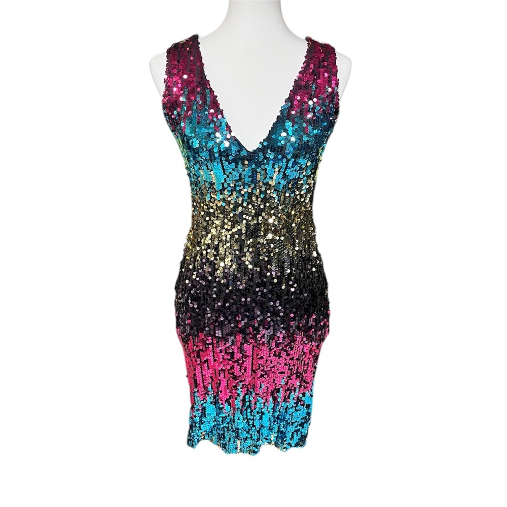 Ruiyige Sexy V Neck Multi Colored Sequin Bodycon Stretchy Club Party Dress small